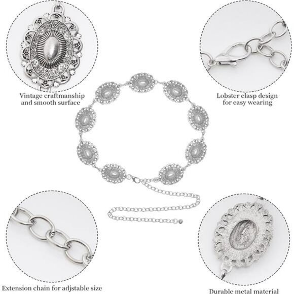 Western Concho Chain Belt Metal Waist Belt for Dresses Jeans Cowgirl Outfit - Picture 3 of 7